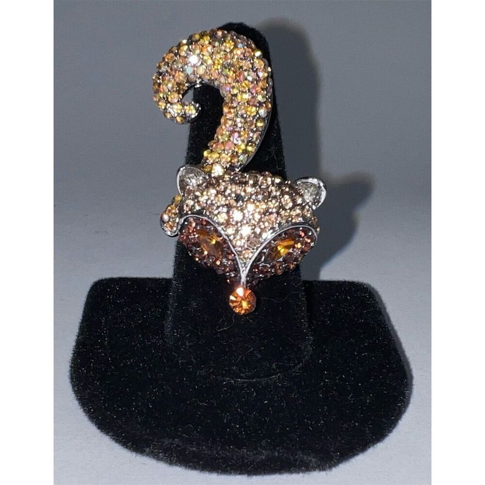 Fox Head Rhinestone Adjustable Ring Brown Topaz Statement Jewelry OS